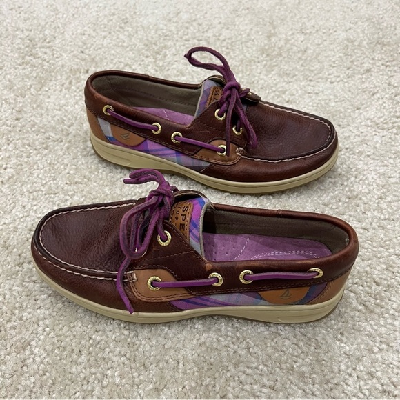 Sperry Women’s Bluefish 5M Purple Plaid 2-Eye Boat Shoe Top Sider Brown Leather, - Picture 15 of 16